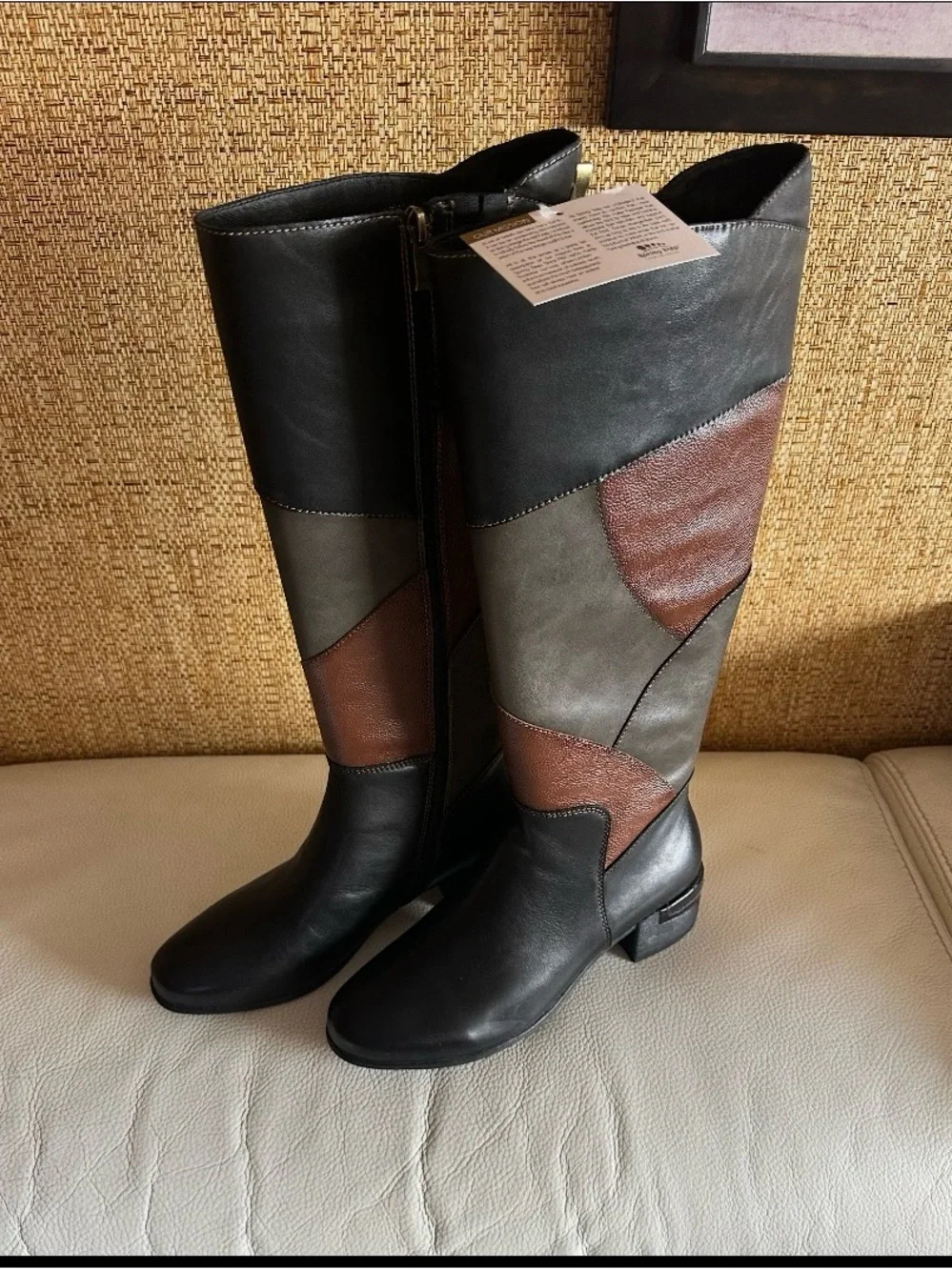 The Spring Step Patchwork Knee-High Leather Boots in Black and Brown, size 39